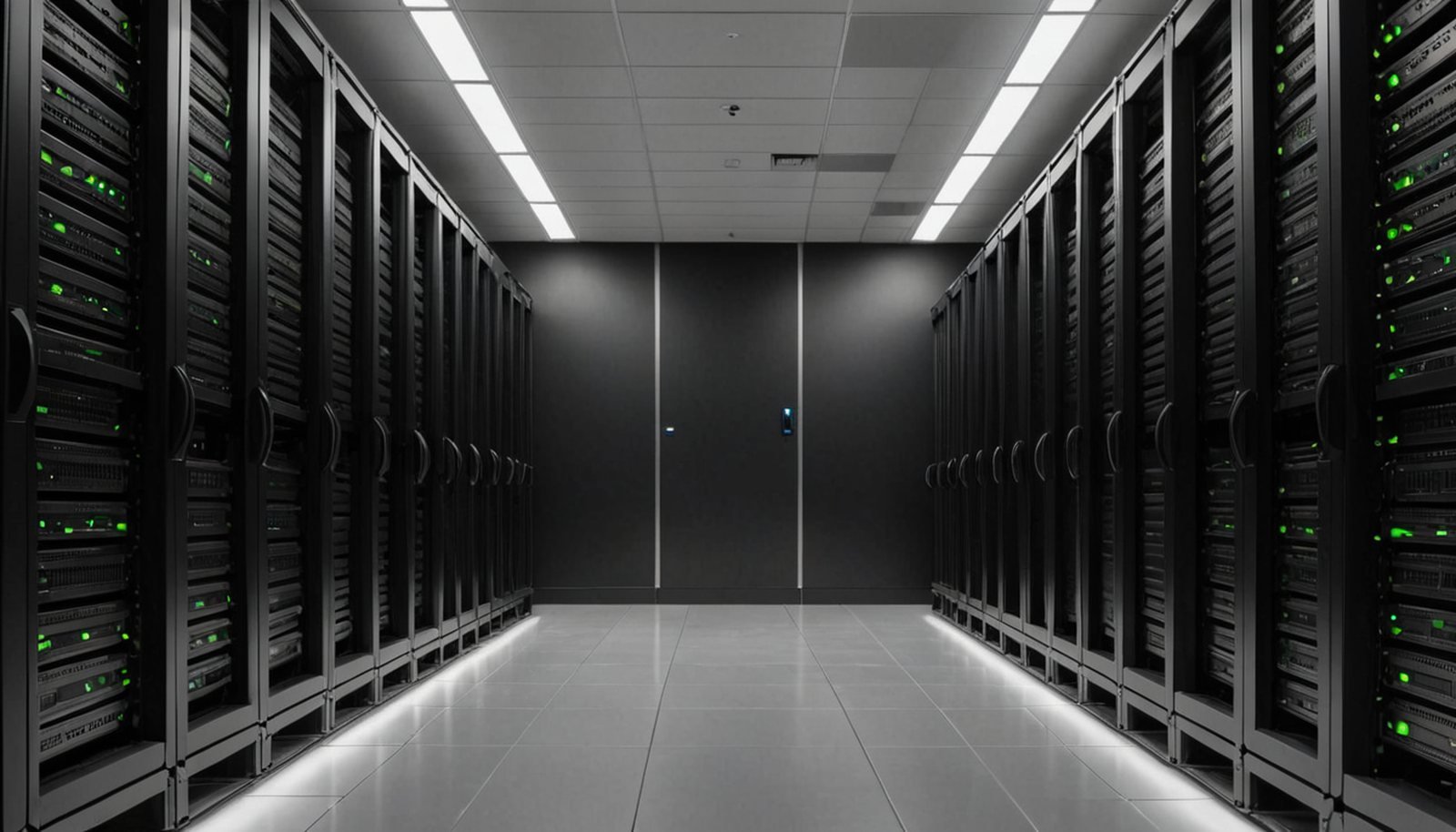 a long aisle of identical black server racks