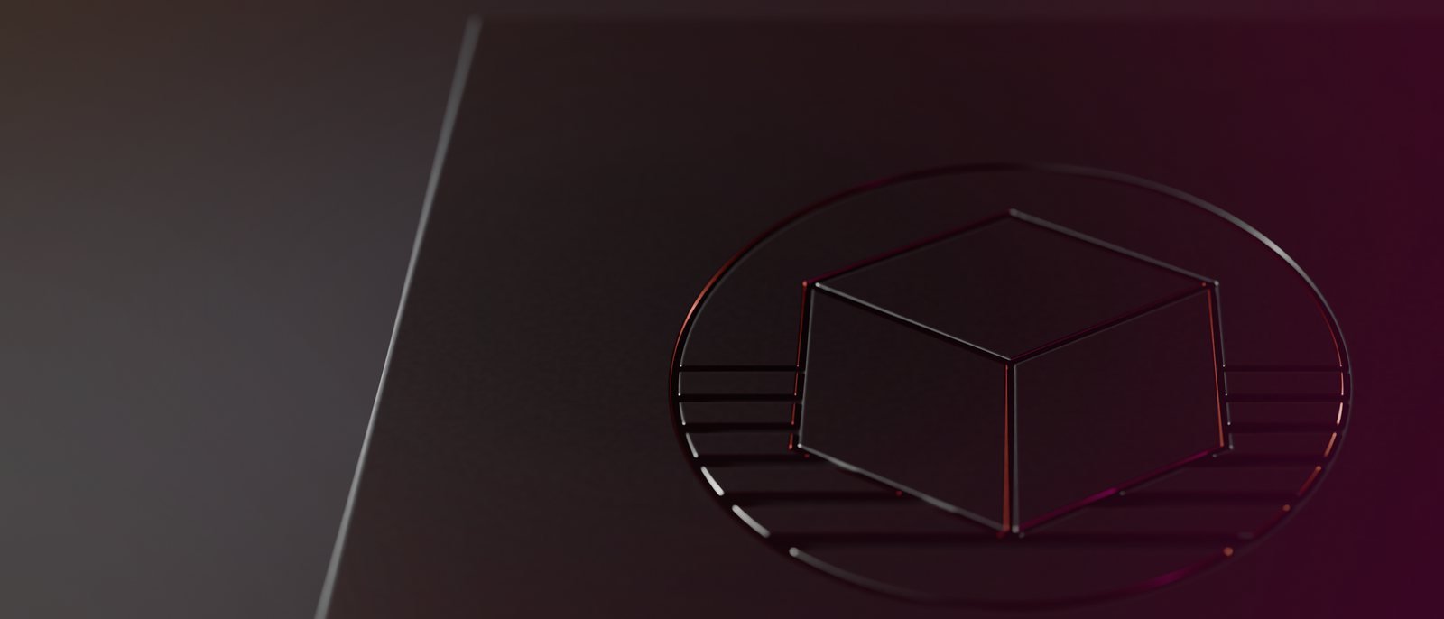 the facility's emblem engraved in the black hood, a cube before a setting sun, under a low hard light
