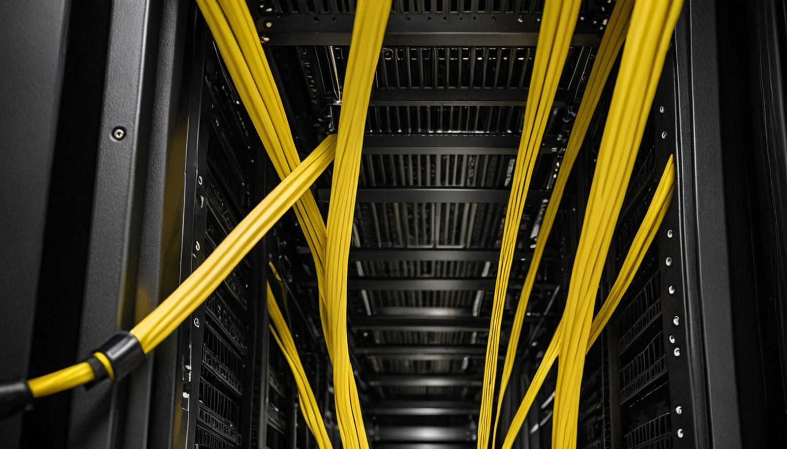 overhead ladder cable trays carrying thick neat bundles of yellow fibre-optic patch cables above the tops of server racks