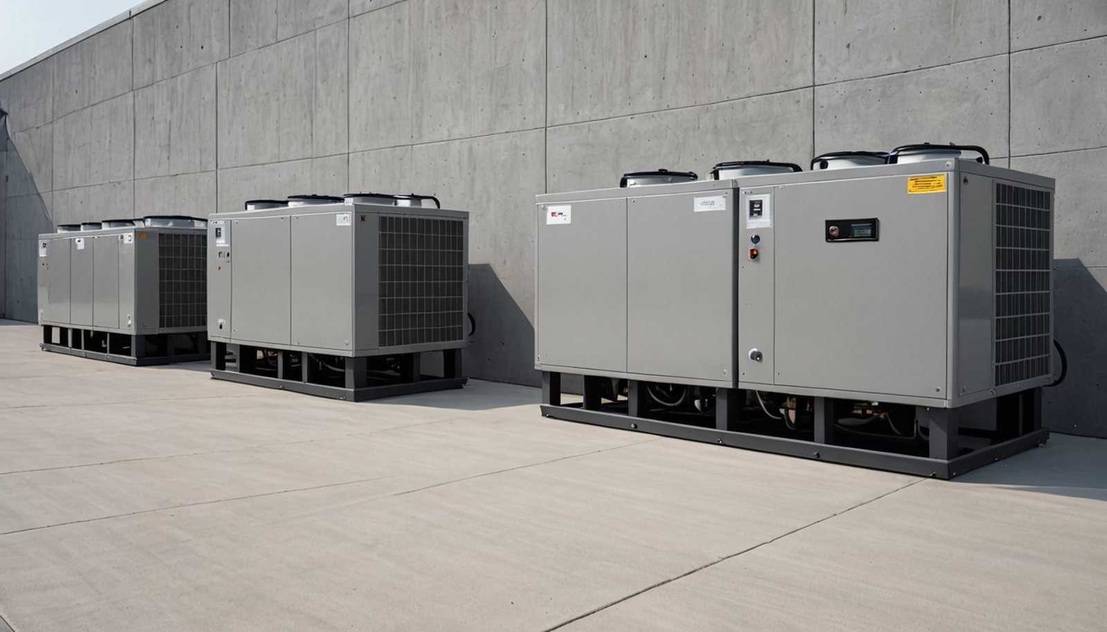 a row of identical industrial chiller units on a concrete pad