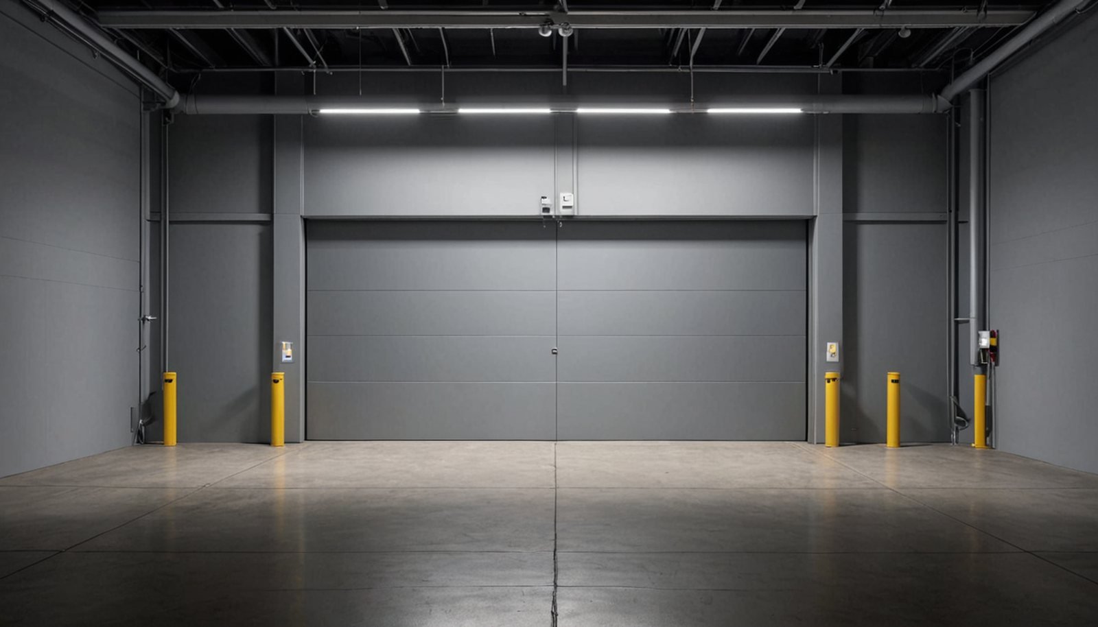 an empty loading dock with a closed grey roller door