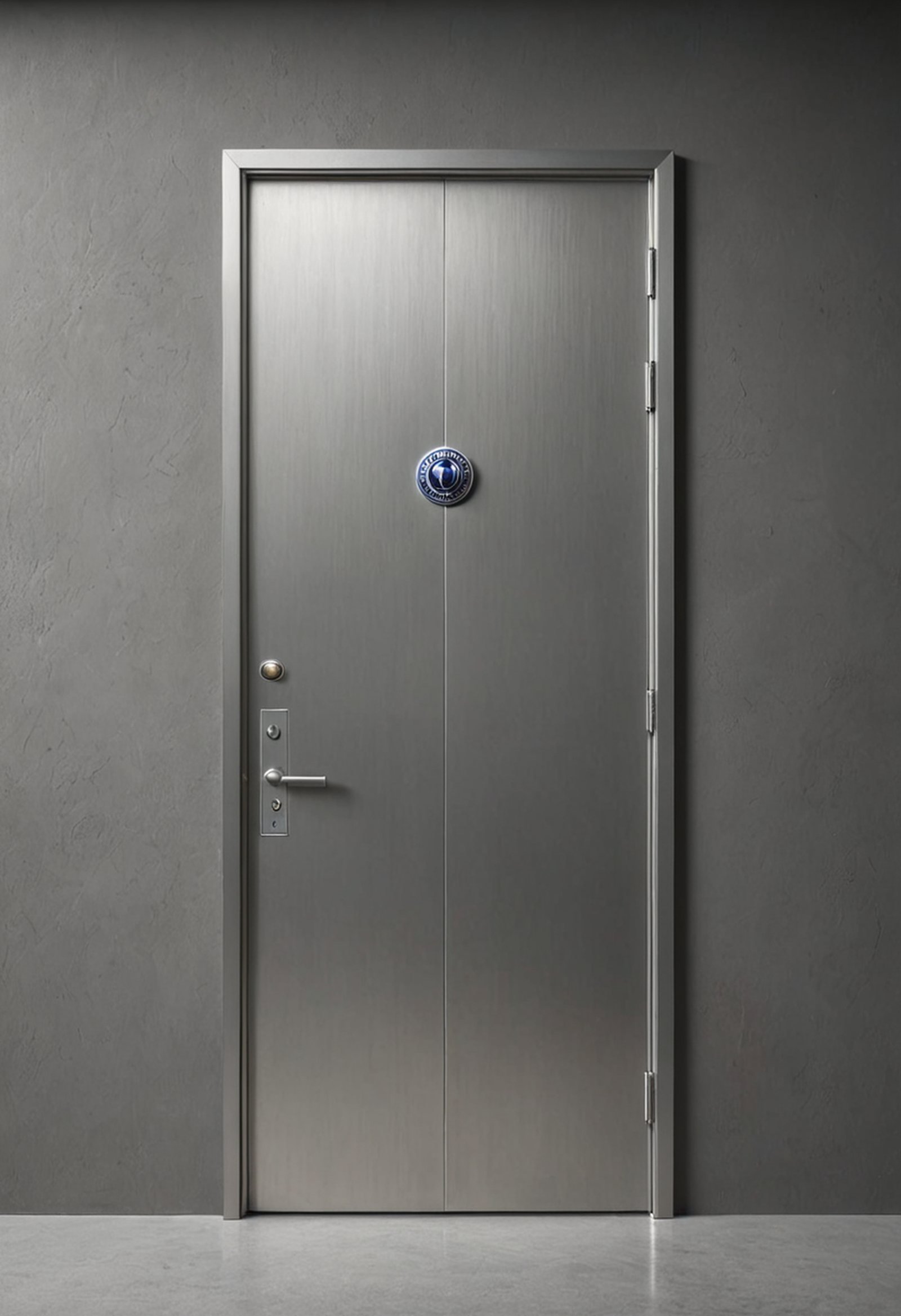 a plain steel door with a small badge reader beside it in a grey wall