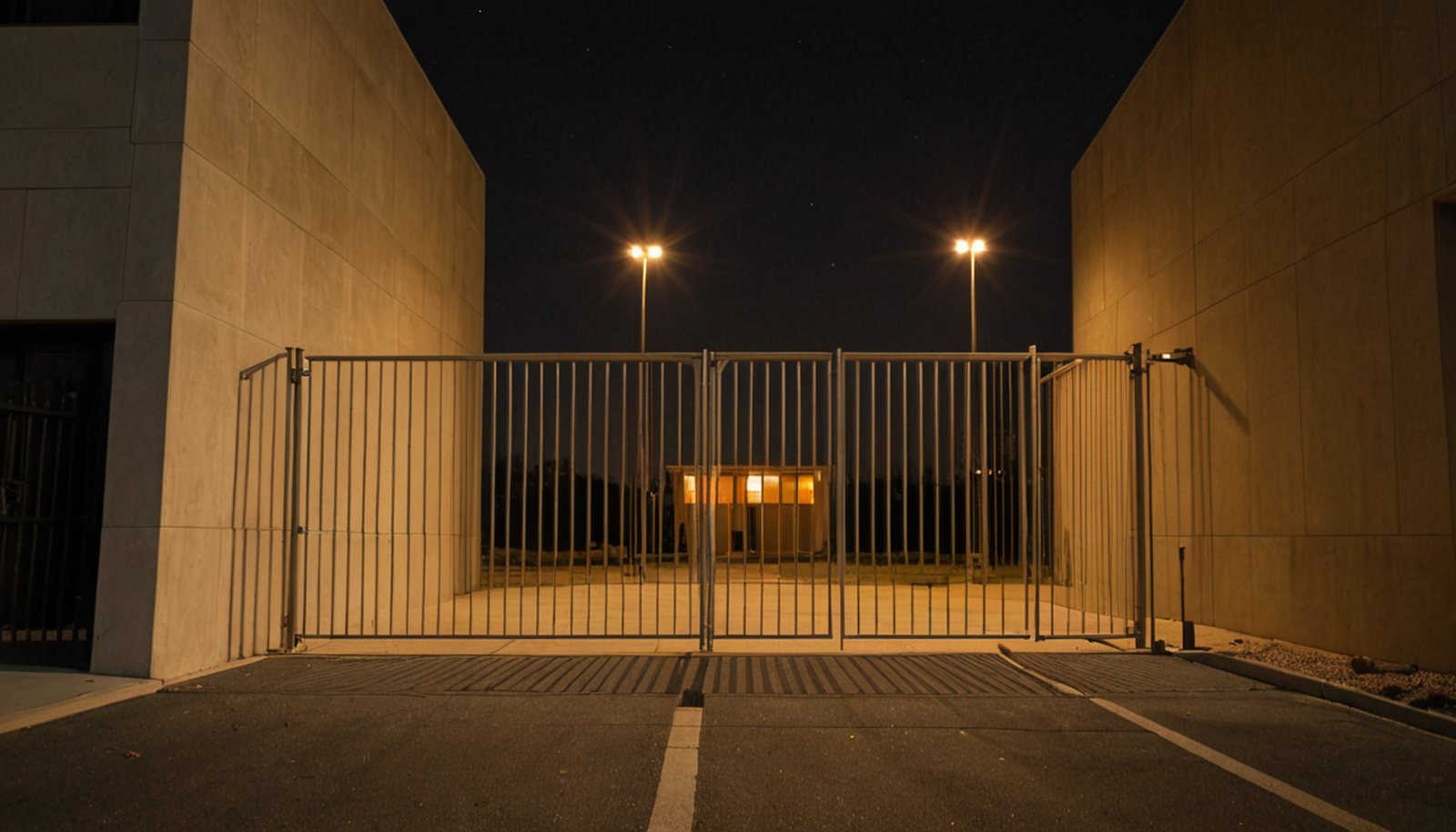 a tall security fence with a closed gate in front of a windowless building