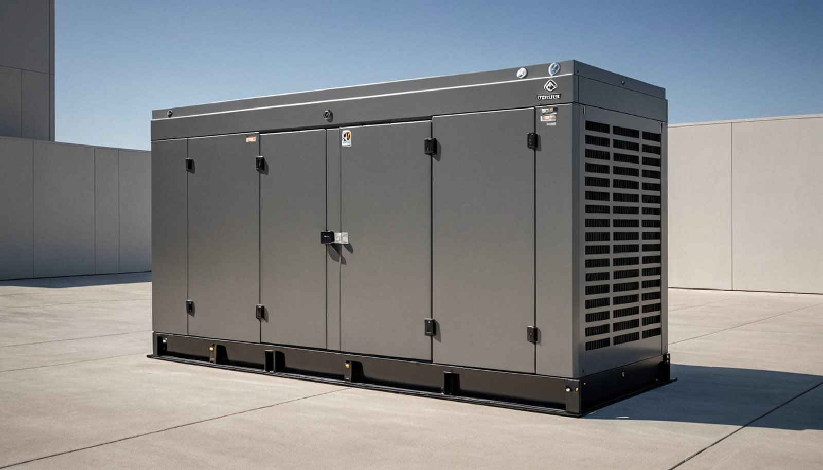 a diesel standby generator in a plain grey steel enclosure