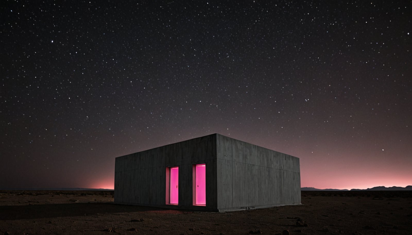 a single small windowless concrete datacenter building, a plain box, low in the lower third of the frame, surrounded by a vast empty black night sky