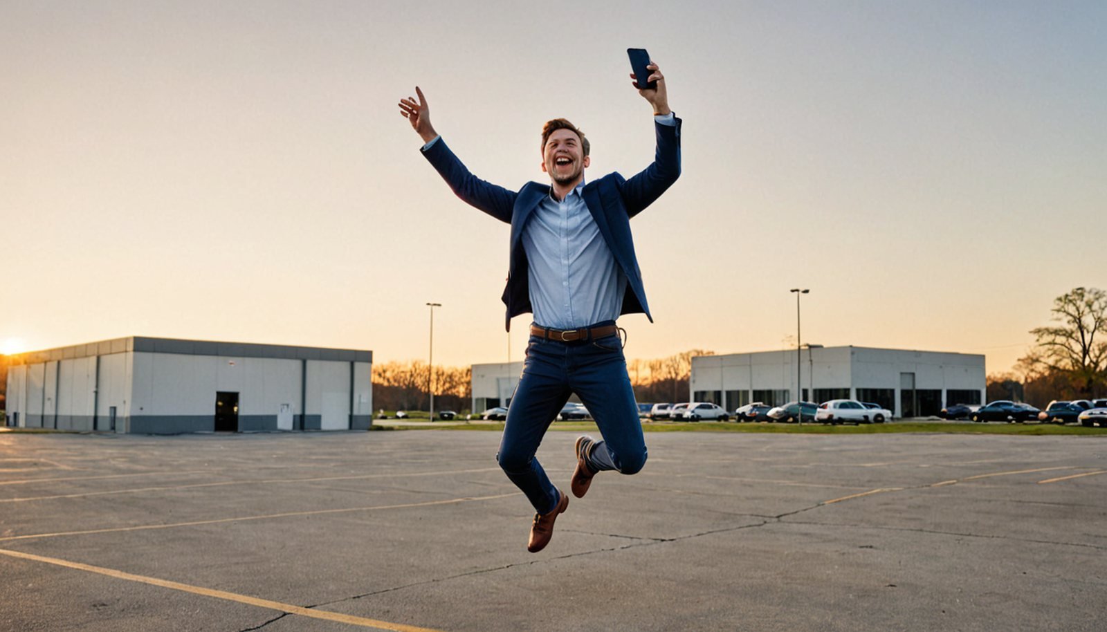 a man jumping in the air with joy holding his phone, in an empty parking lot in front of a windowless datacenter