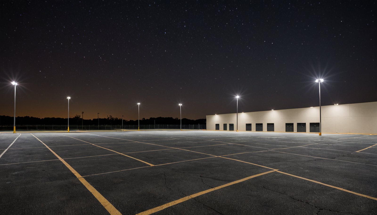 an empty parking lot outside a windowless building