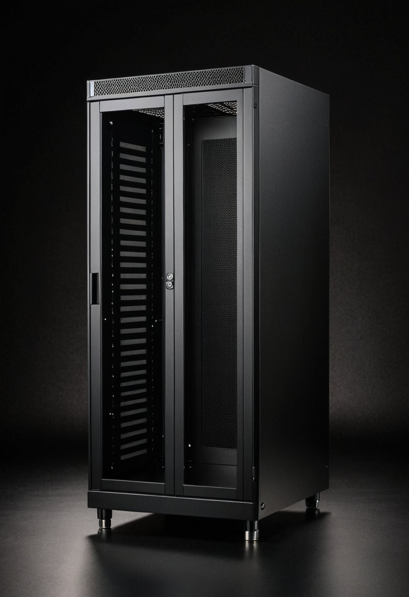 a single black server rack cabinet with a perforated door