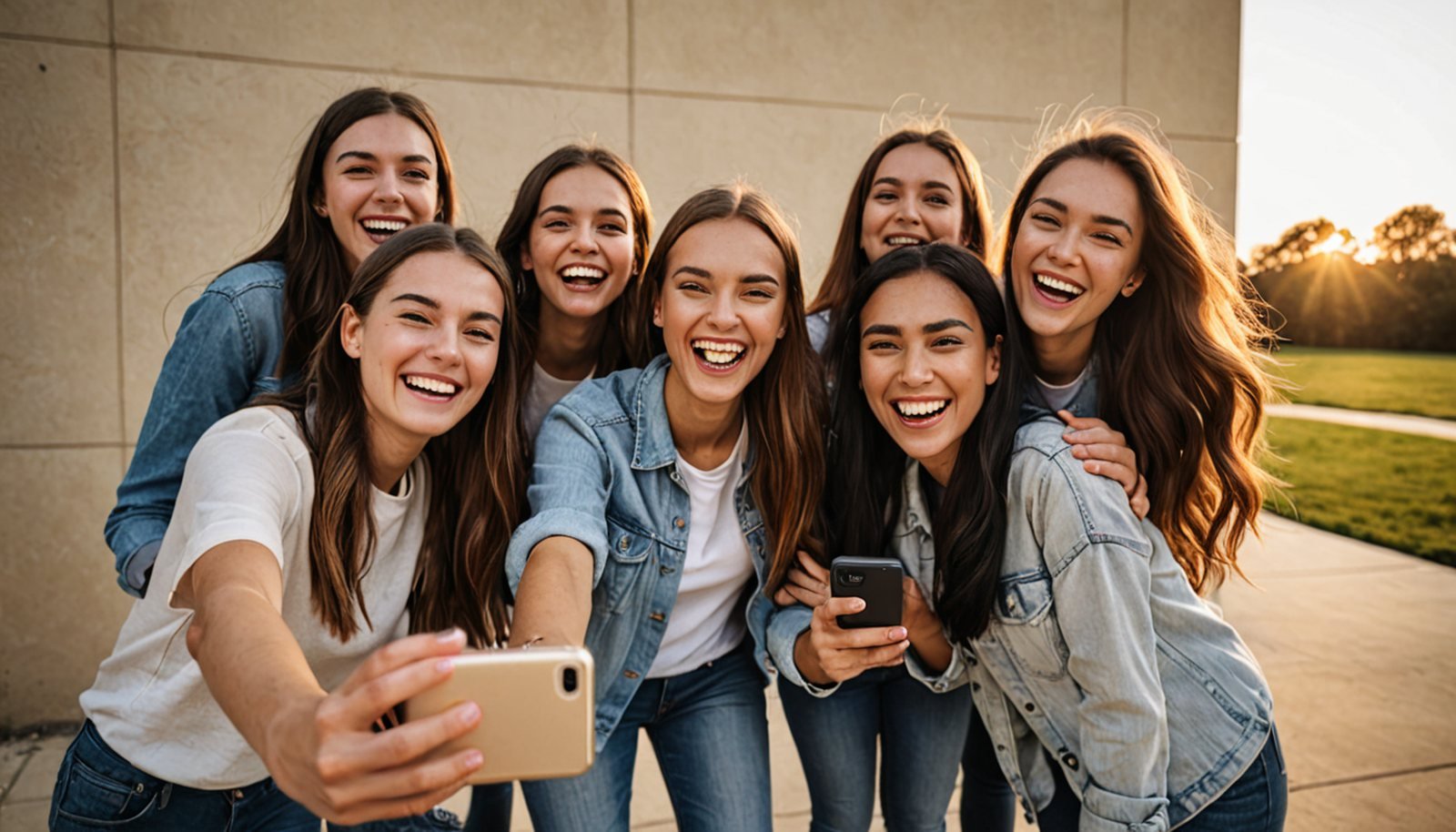 a group of young friends laughing together and taking a selfie with a smartphone, a featureless windowless beige concrete datacenter box with no windows behind them