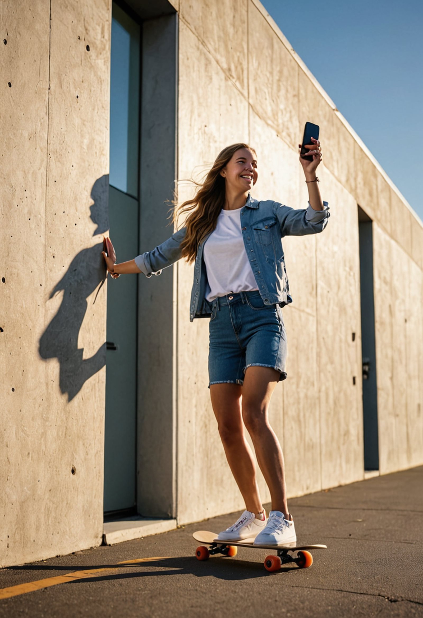 a young woman riding a skateboard and filming with her phone held up, beside a long windowless datacenter wall