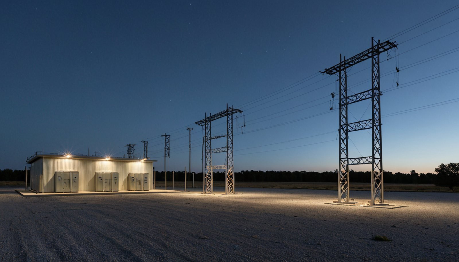 an electrical substation with transformers and insulators