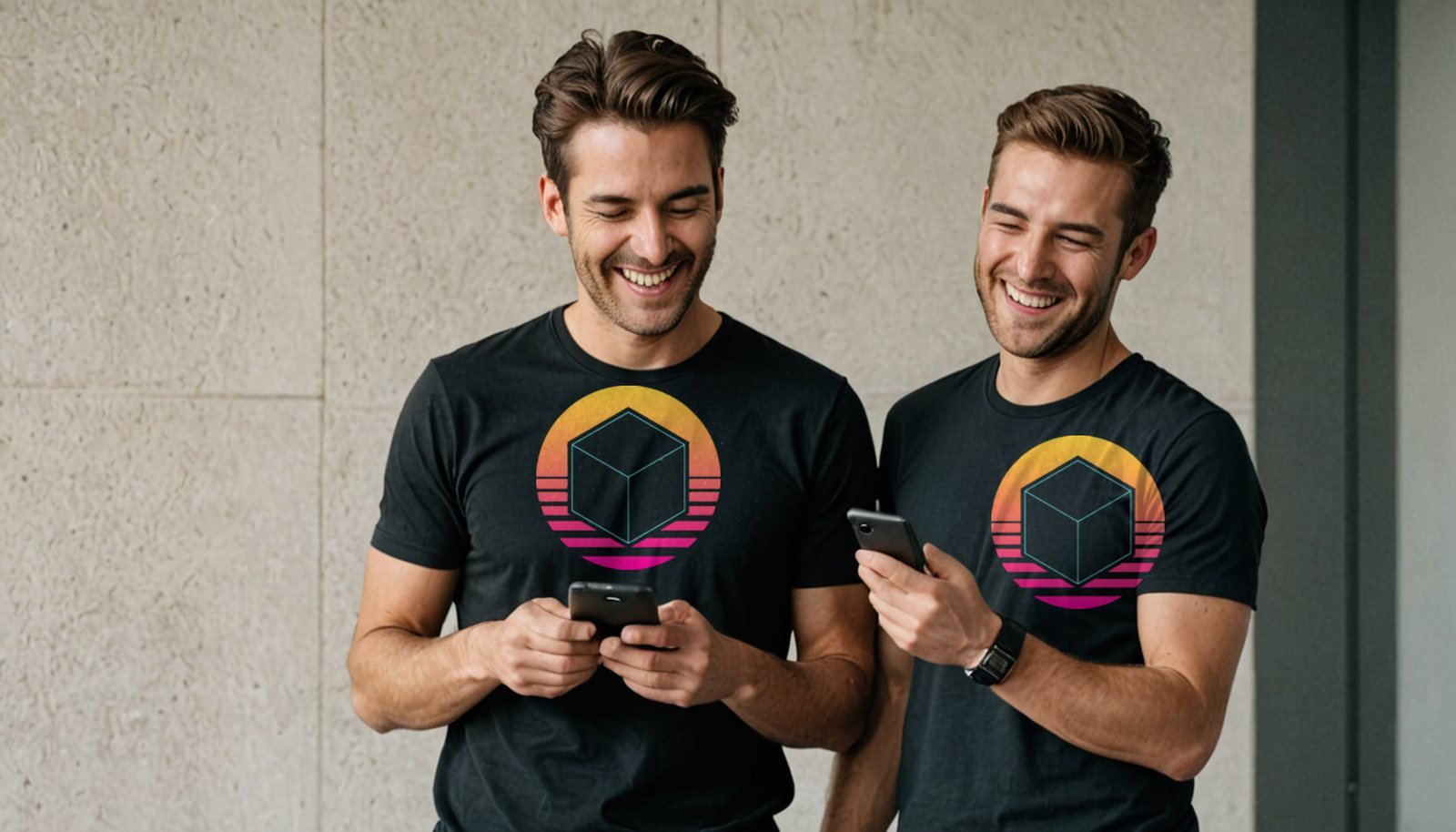 two laughing friends both wearing plain black crew-neck t-shirts with completely blank chests, one showing the other something on a phone, in front of a long windowless datacenter wall