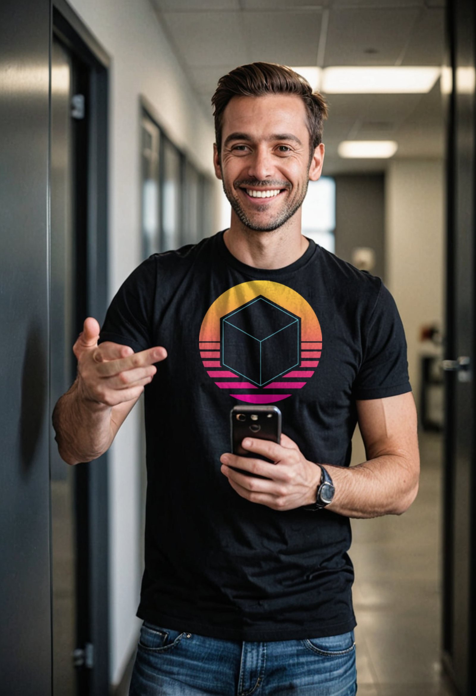 a cheerful man wearing a plain black crew-neck t-shirt with a completely blank chest, taking a photo of a windowless datacenter building with his phone held up