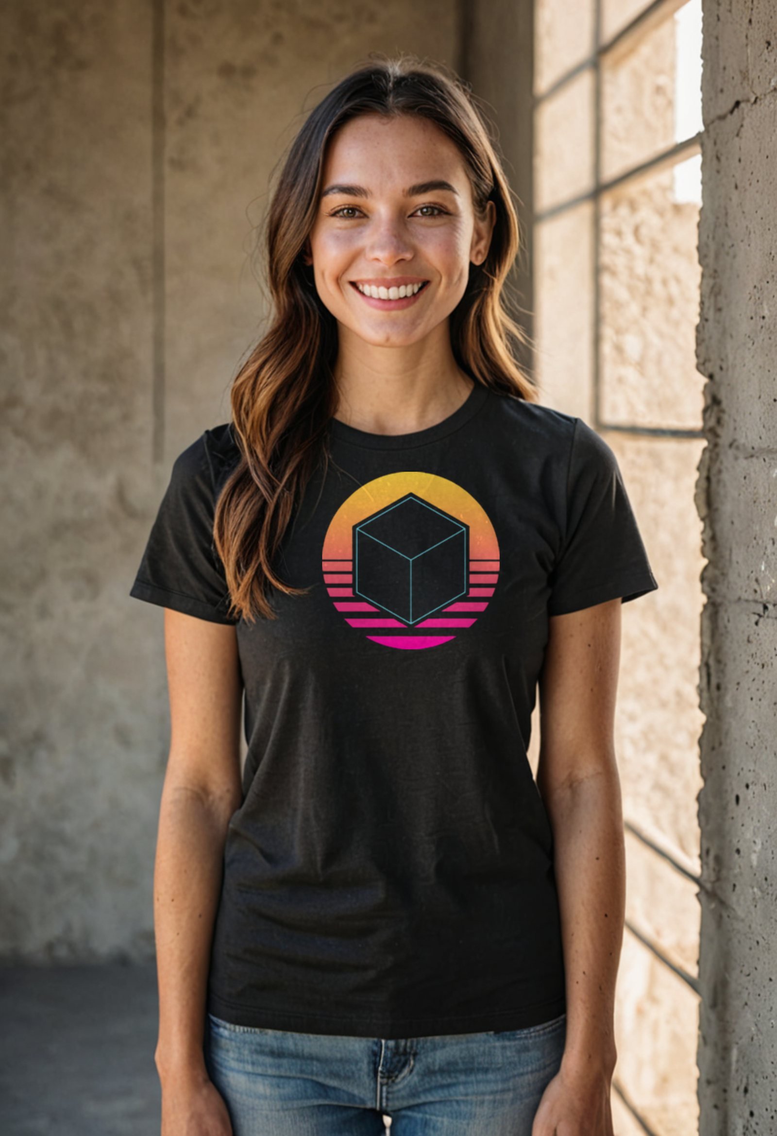 a smiling young woman wearing a plain black crew-neck t-shirt with a completely blank chest, holding her phone at her side, standing in front of a featureless windowless concrete datacenter wall