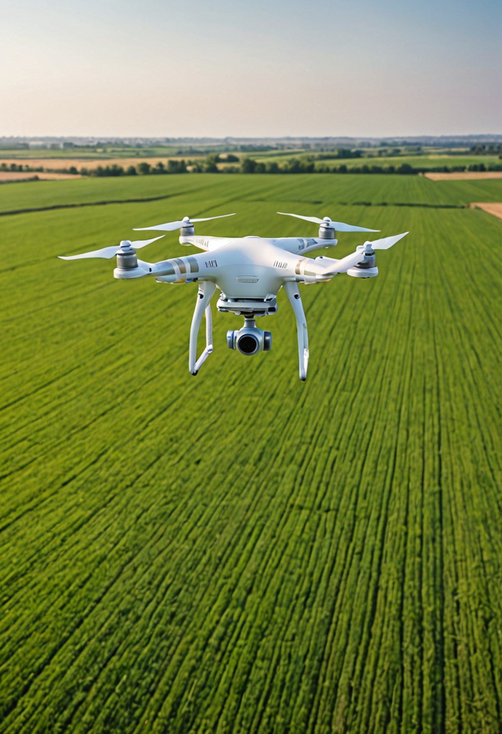 a single white delivery drone hovering above empty green farmland