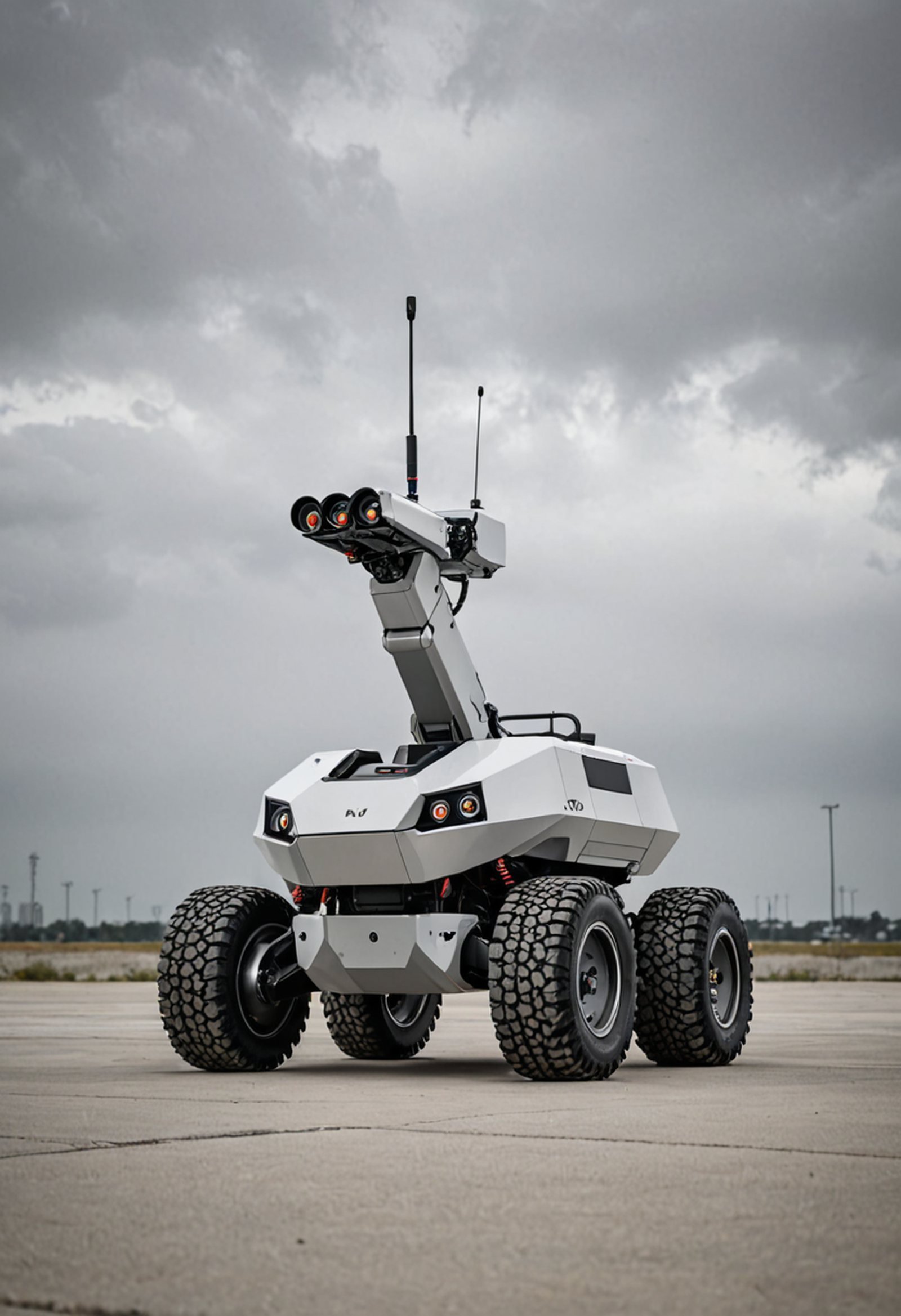 a parked unmanned ground vehicle robot on four wheels with a sensor mast, standing alone on an empty concrete apron
