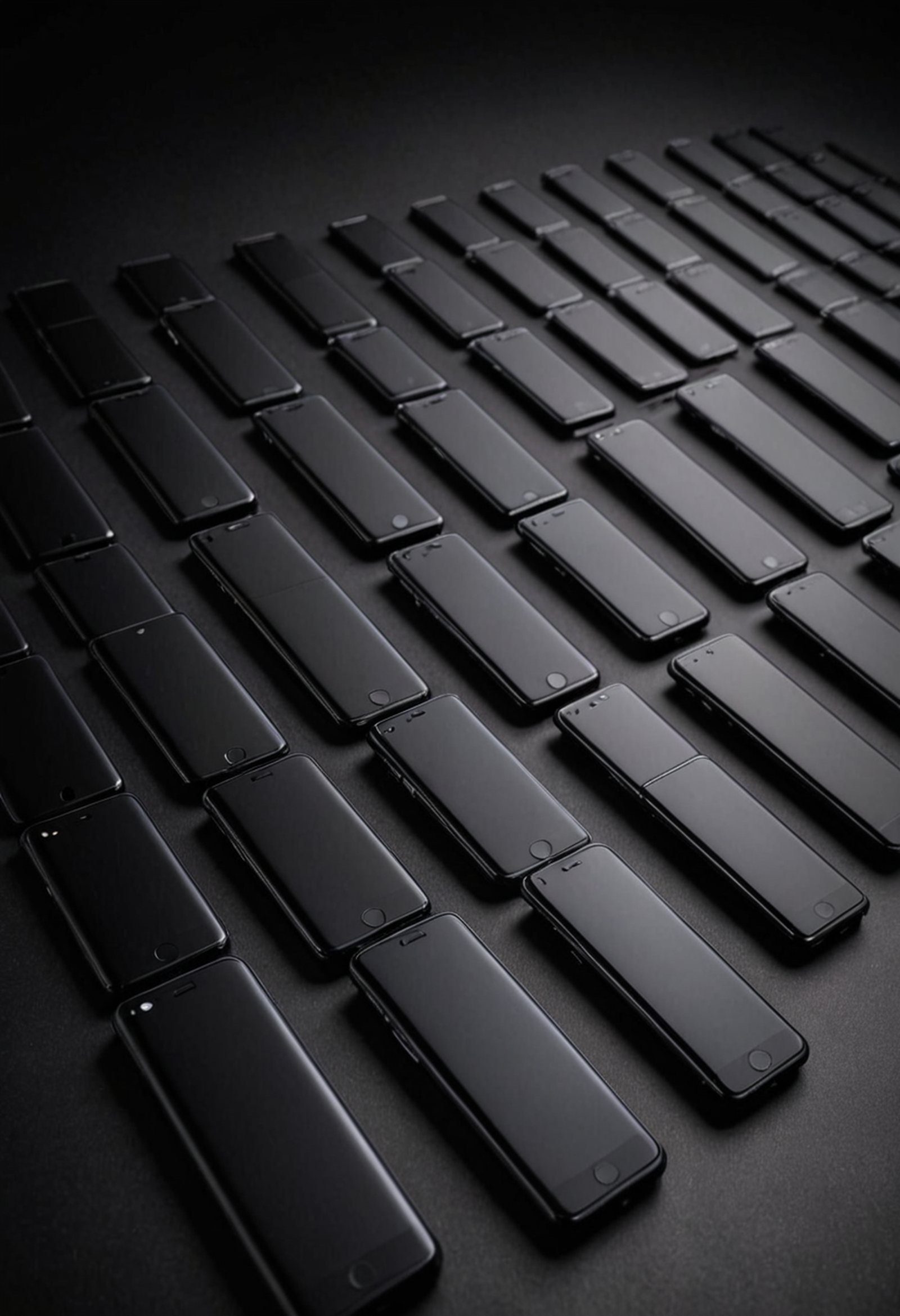 rows of identical black smartphones lying screen-down on a long charging rack