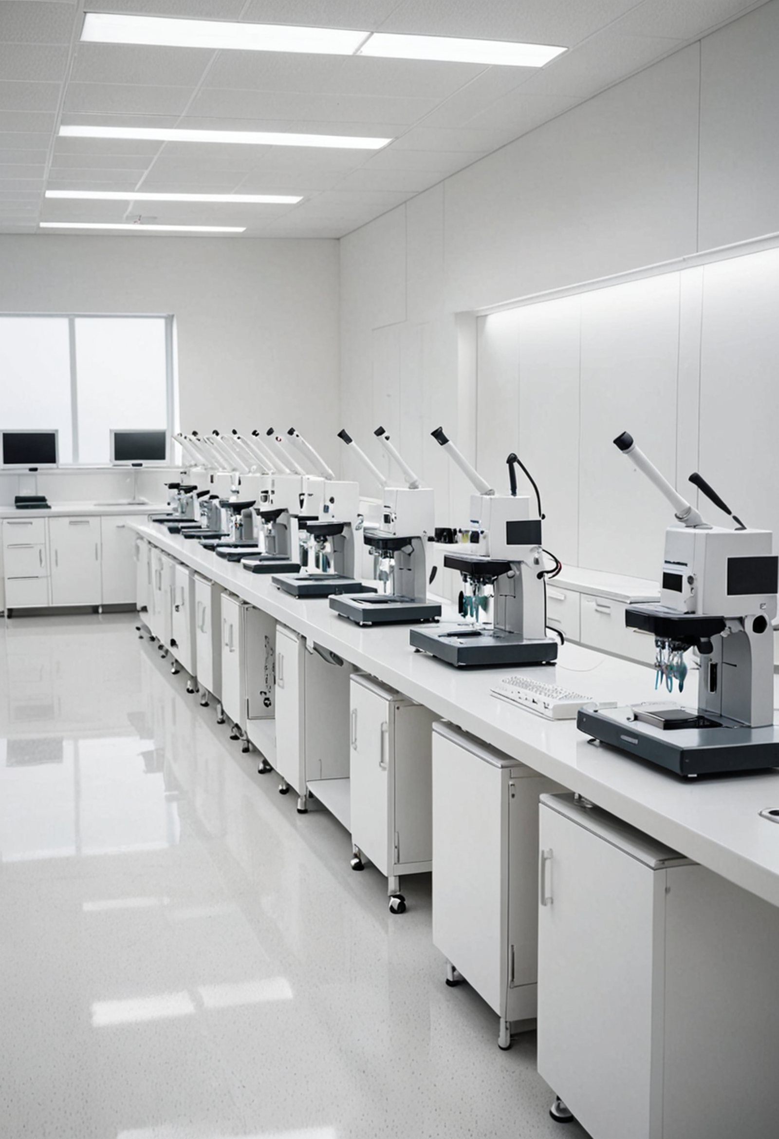 a row of white laboratory sequencing machines and a pipetting robot in an empty white laboratory