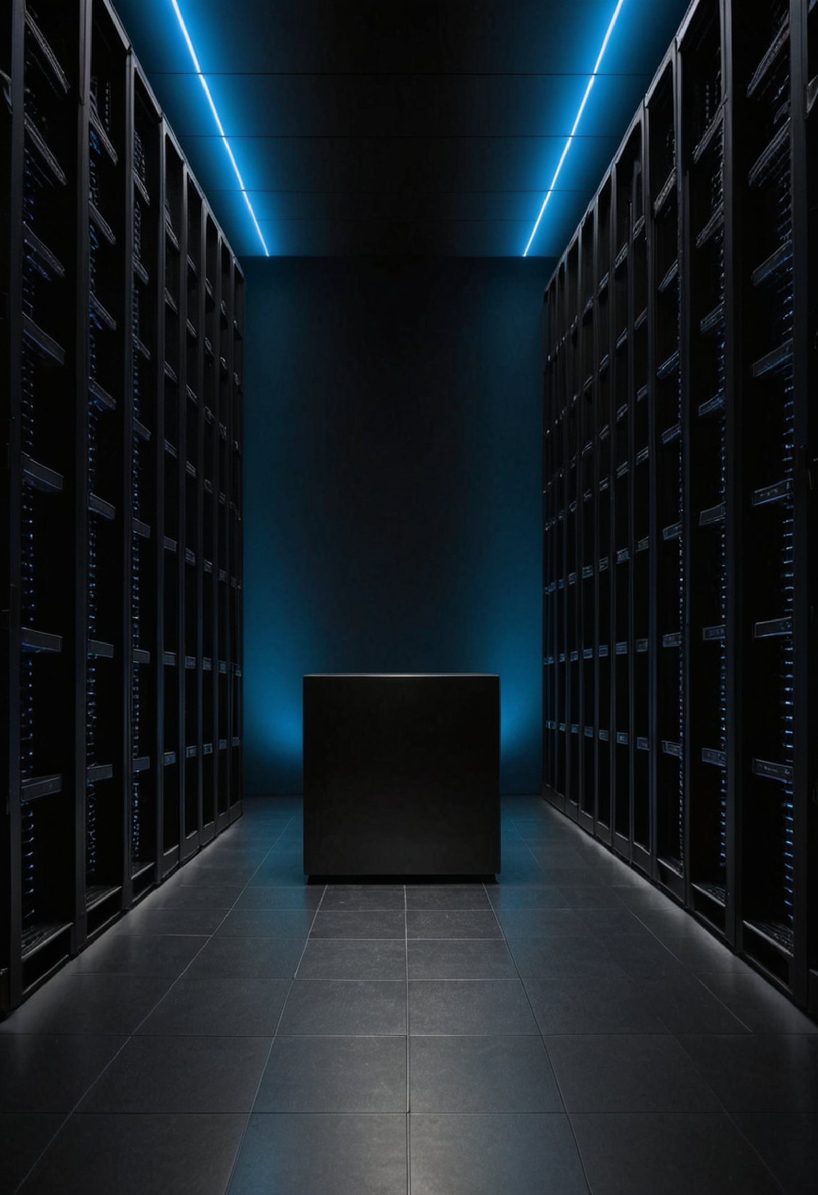 a single enormous seamless matte black cube standing alone in the centre of a vast empty dark data hall, endless rows of server racks with tiny blue status lights receding on both sides