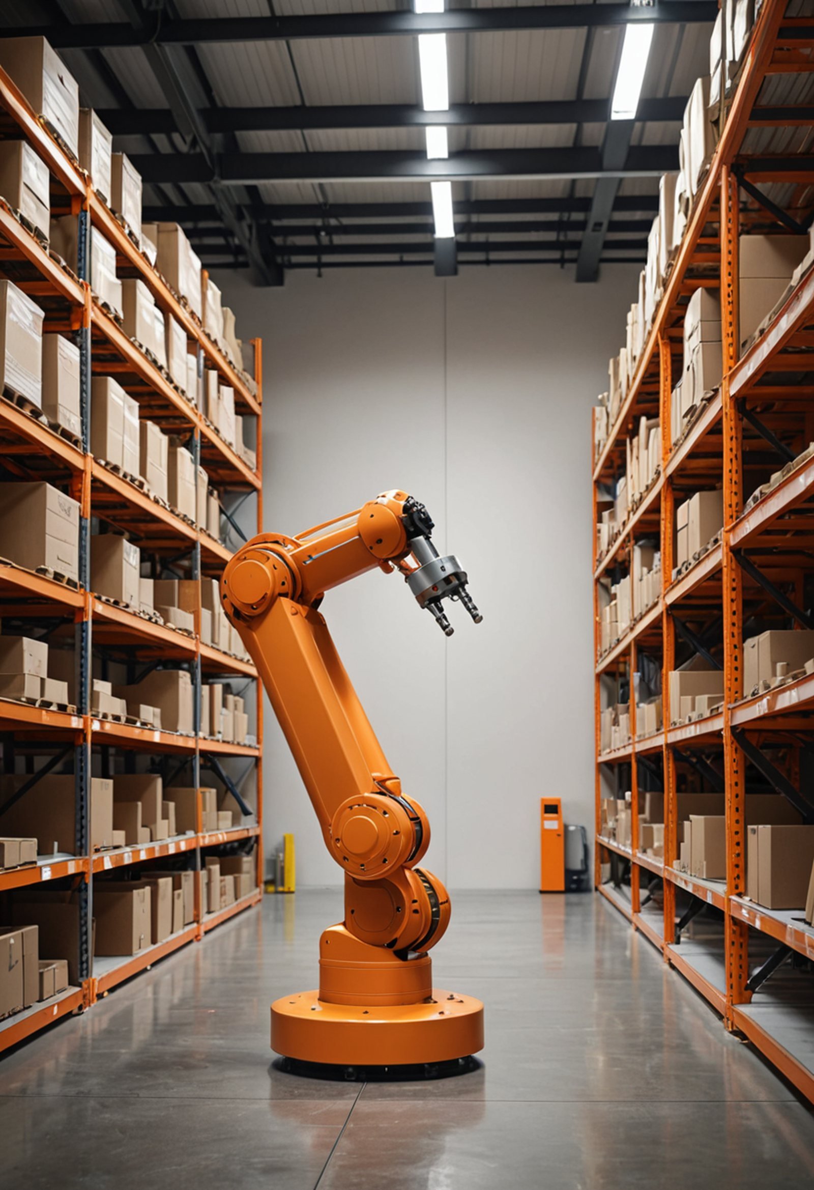 a single orange industrial robot arm beside empty warehouse shelving
