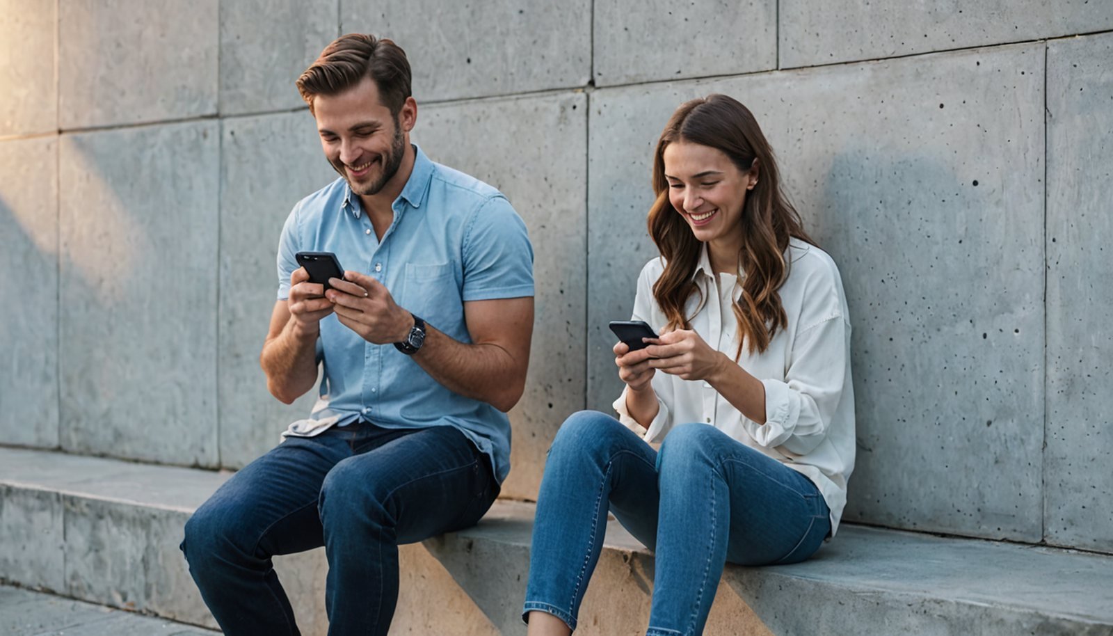 a smiling couple sitting on a low concrete wall looking at one phone together, a long blank datacenter wall behind them