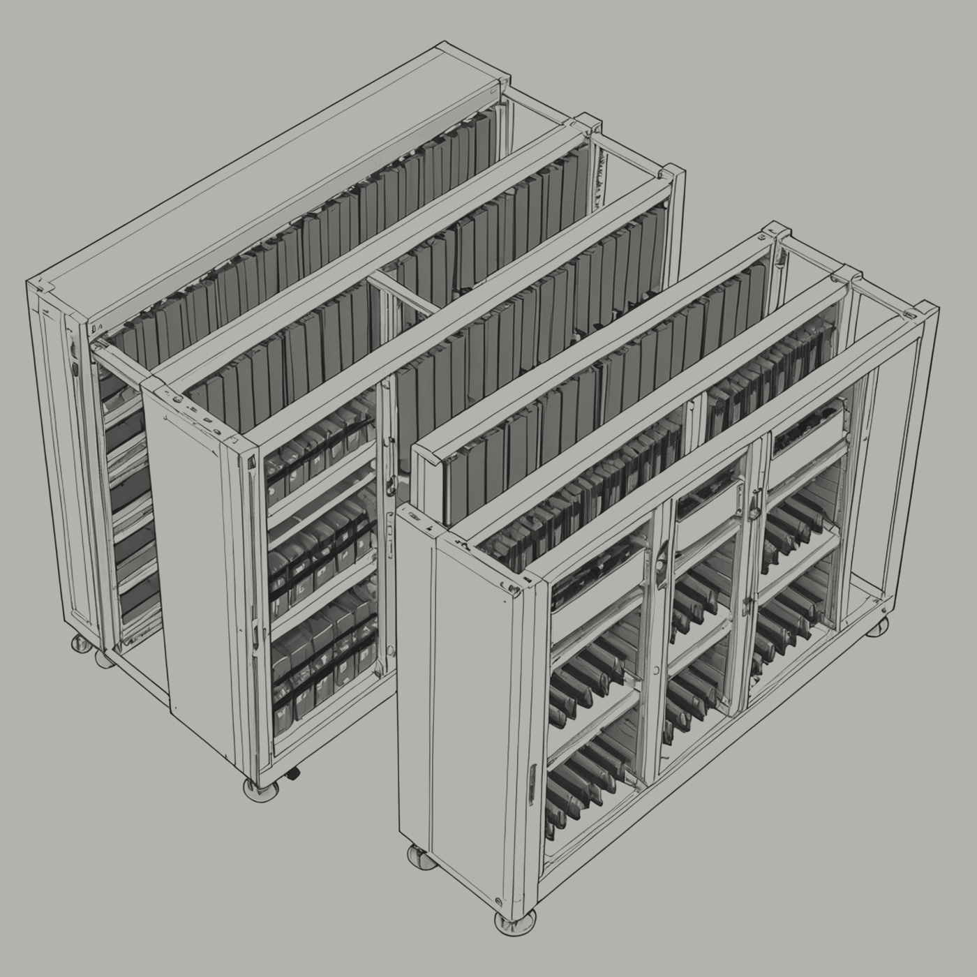 Figure 3.1. A cold aisle: two rows of racks face each other across it. Air is supplied into the aisle and drawn through the equipment.