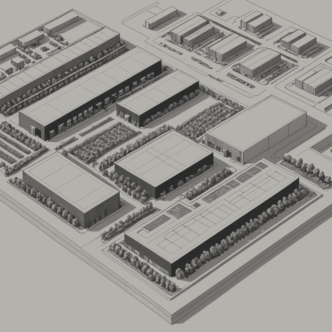 Figure 1.1. The campus, looking down. The halls are the long roofs; the plant is the rest.