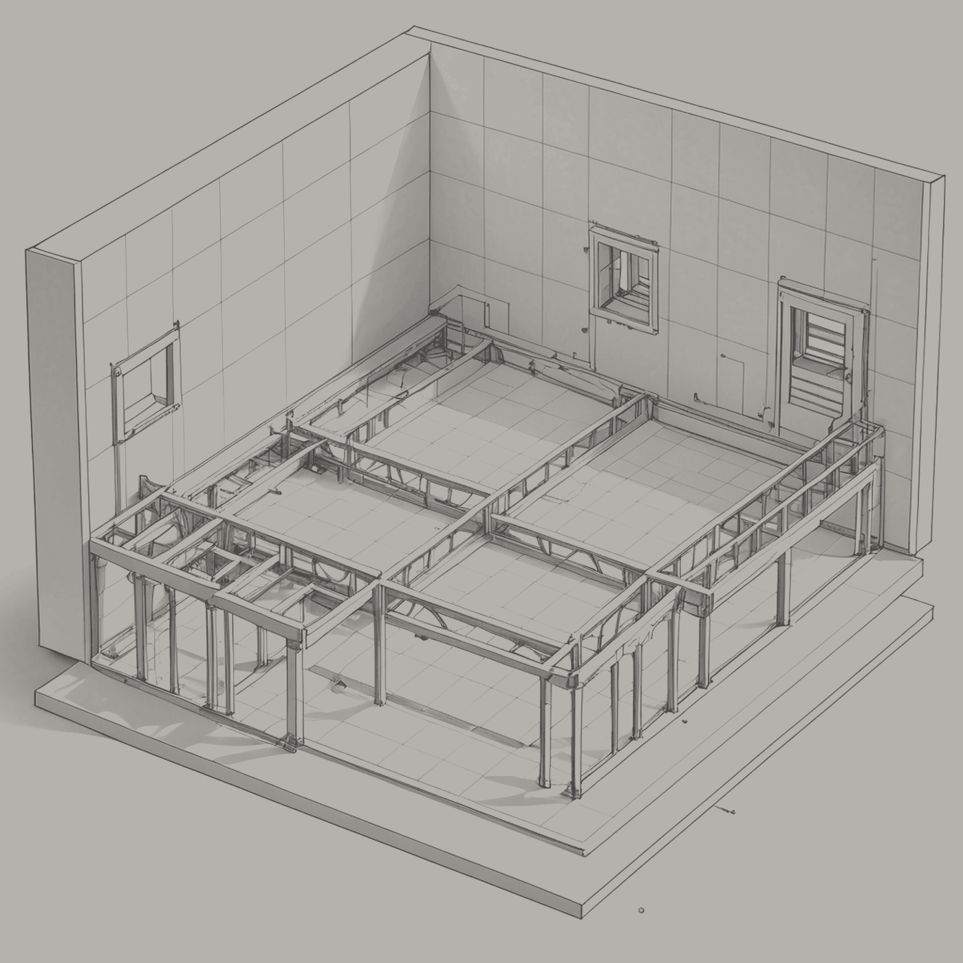 Figure 10.1. A decommissioned hall, cut away. The racks are gone; the raised floor they stood on remains.