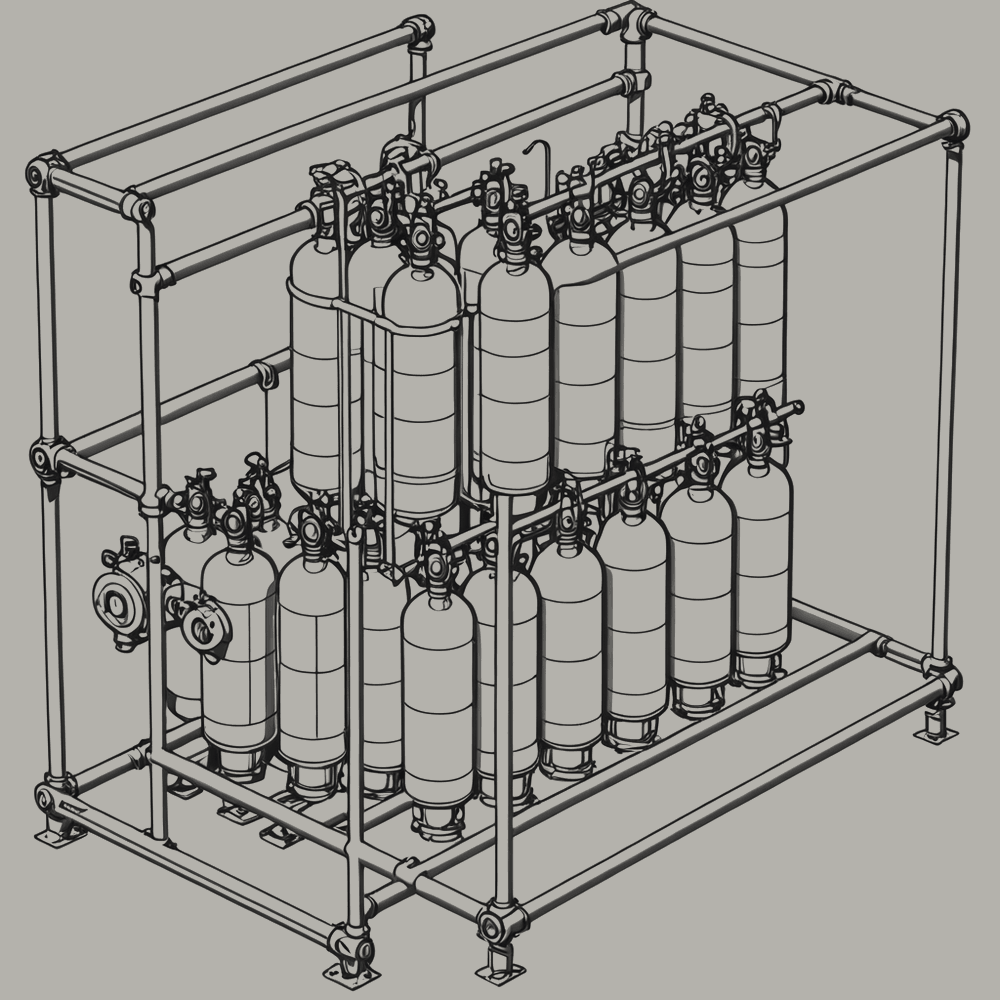Figure 3.7. Clean-agent cylinders and manifold, stored beside the hall they protect.
