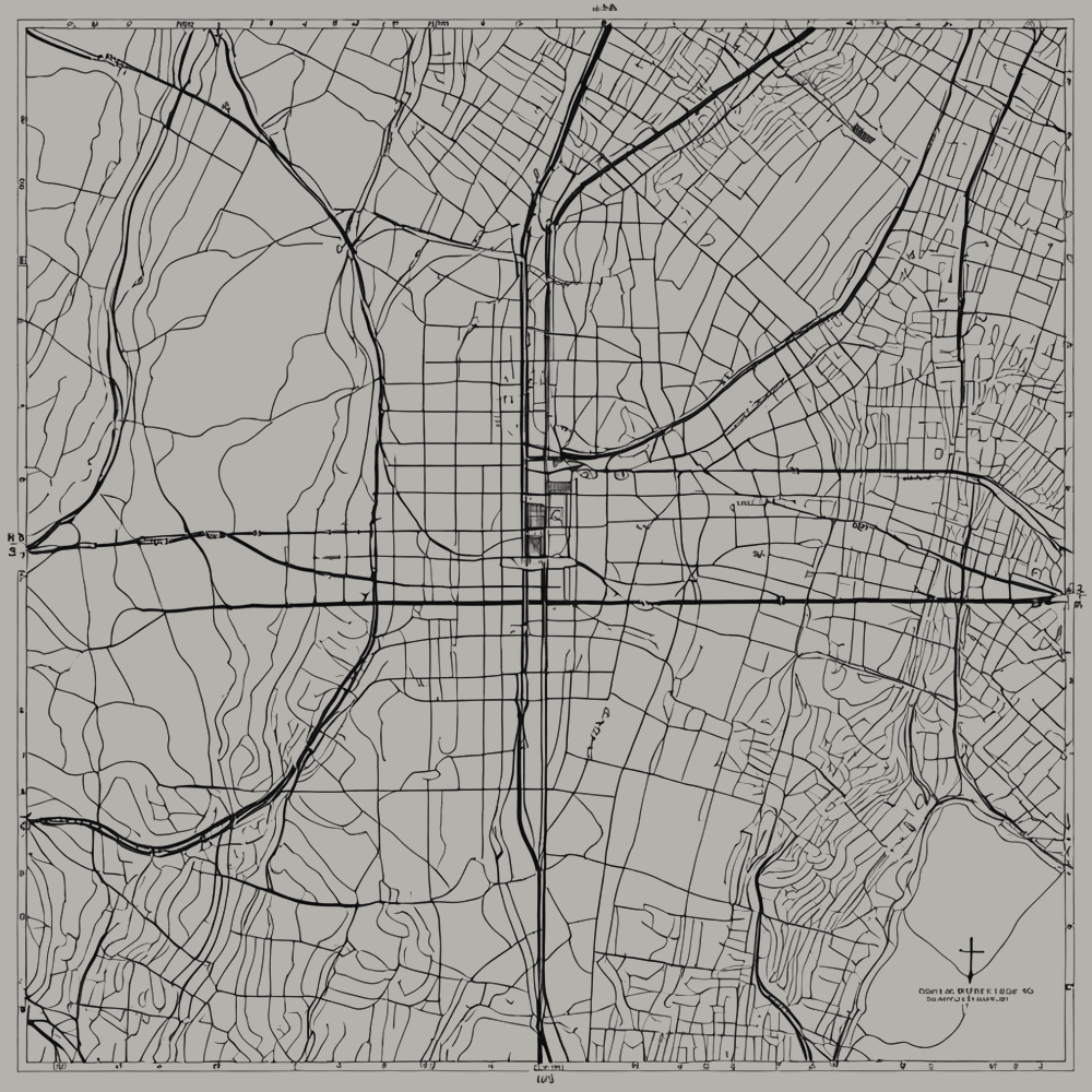 Figure 1.2. The region around the site: settlement, roads, fields and grid, drawn as one network. From this height they are one system.