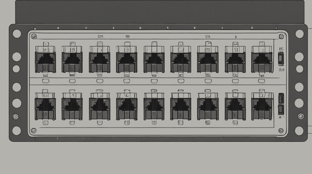 Figure 3.6. Fibre patch panel at a row end, drawn unpatched. In service every port is in use, and each patch was made by machine.