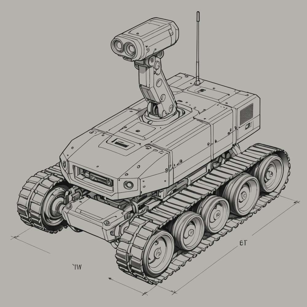 Figure 8.2. Unmanned ground vehicle: tracked chassis, sensor mast. The mast carries a camera in this drawing. The same chassis carries a manipulator, or something else; its purpose is not stated on the drawing.
