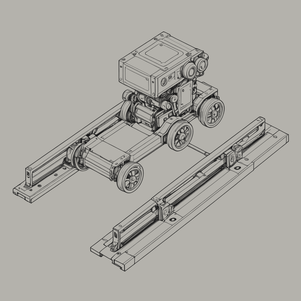 Figure 4.5. Floor guide rail and carriage. The handling unit rides it between the rows.
