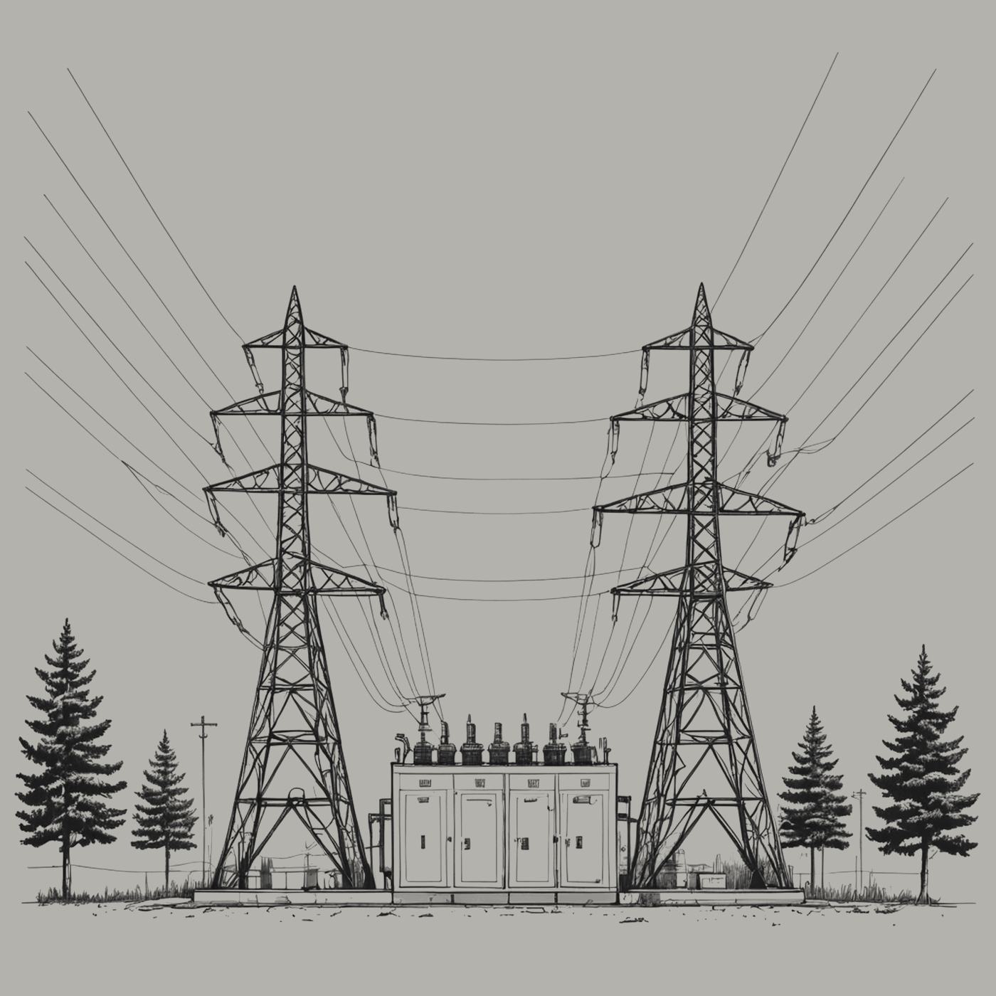 Figure 5.1. Main substation. Incoming lines at the top of the drawing; transformers below.