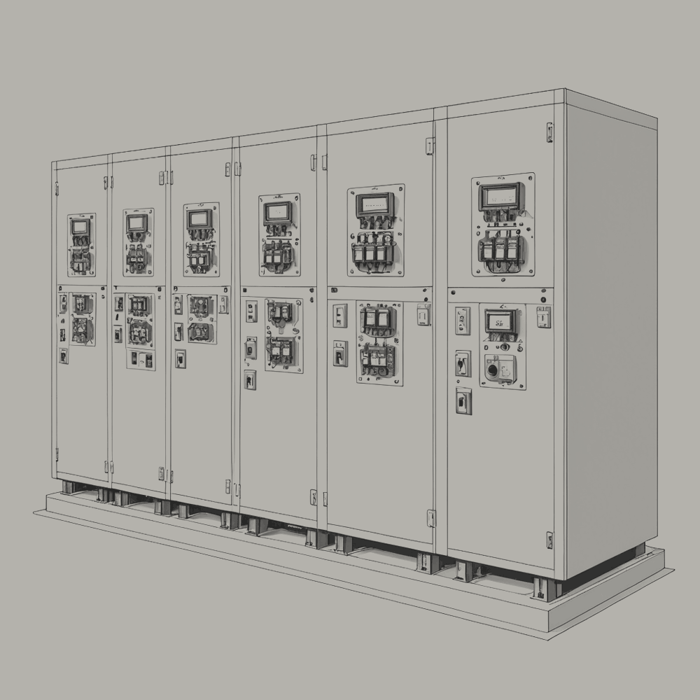 Figure 5.2. Indoor switchgear at the substation. Every panel is labelled; the labels are for the equipment's manufacturer.