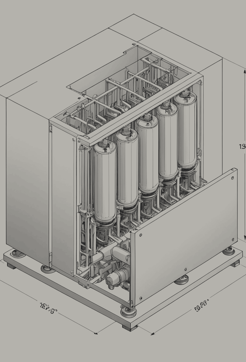 Figure 5.9. Immersion tank, casing cut away. The equipment stands in fluid, upright, like a rack laid on its back.