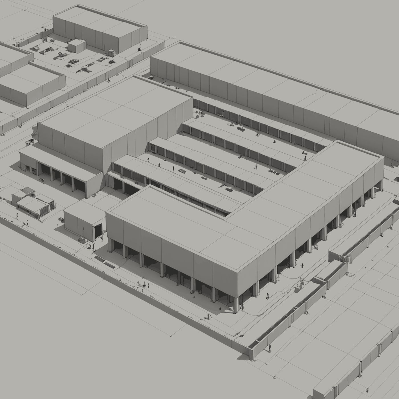 Figure 2.1. The building. Windowless on every face; the halls are the long roofs.