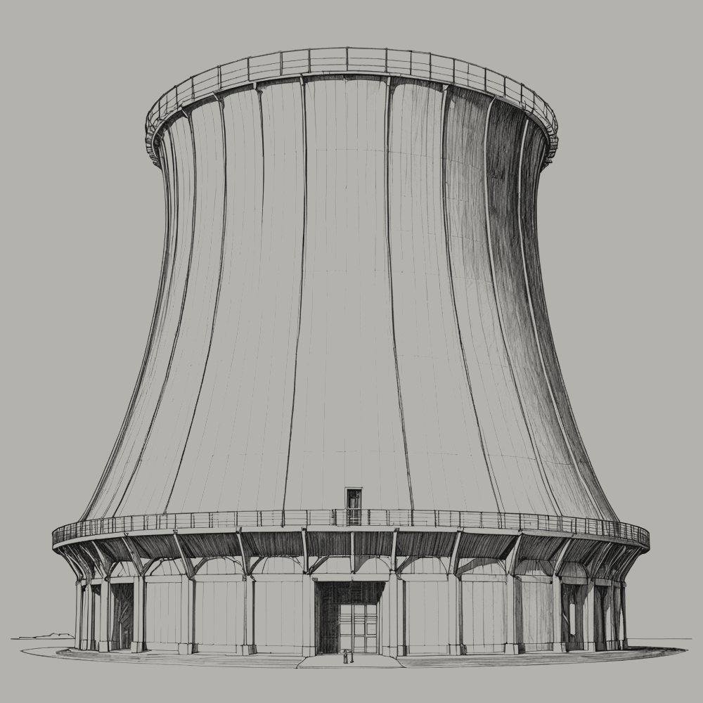 Figure 1.4. Cooling tower, elevation. When it is working, a plume rises from it: the heat of the halls, leaving.