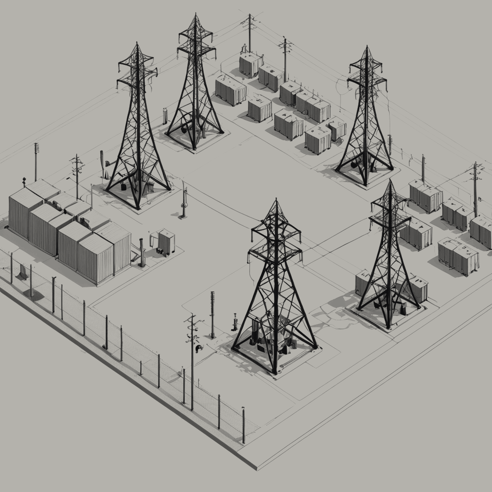 Figure 1.3. The substation yard at the site boundary. Transmission towers carry supply in; the yard steps it down.
